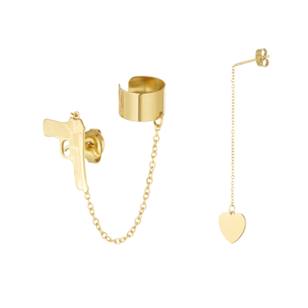 Earrings chain with heart & gun earcuff